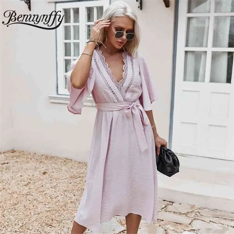 【BAON】Shrim Lace Button Pintuck Frill Layered Midi OP Elegant Butterfly Sleeve Lace Patchwork dress midi dress