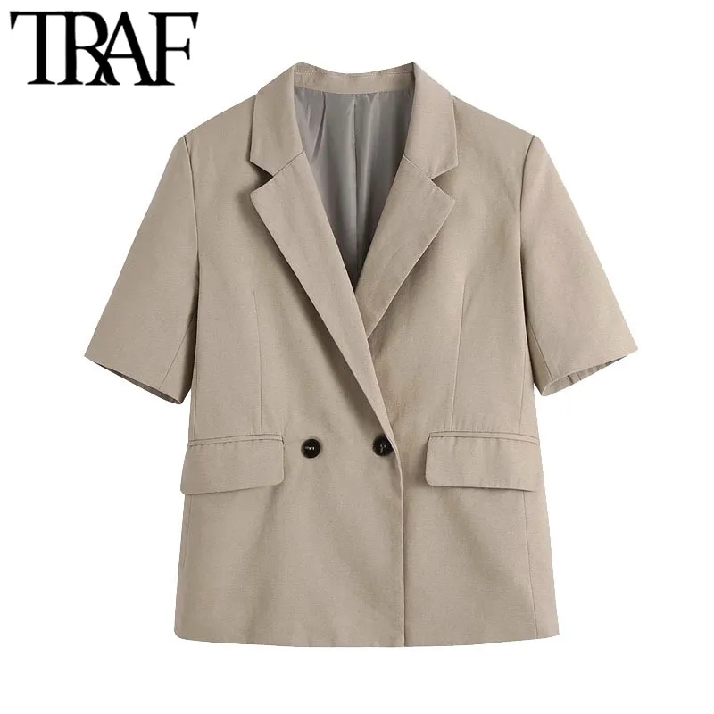 TRAF femmes mode Double boutonnage Blazer manteau Vintage à manches courtes poches vêtements de dessus pour femmes Chic hauts 210415