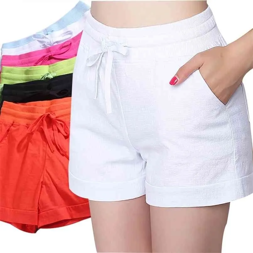 Shorts sommar mode 6-färg bomull linne kvinnor shorts casual chic hög midja gata s 210724