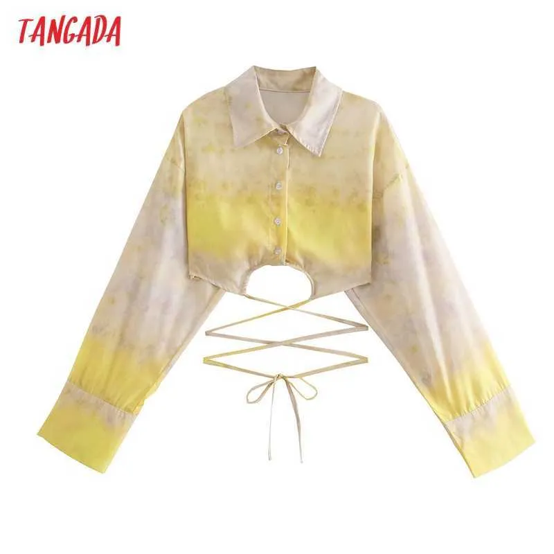 Tangada Mujeres Retro Tie Dyed Print Bow Crop Shirt Manga larga Chic Mujer Blusa corta Camisa Tops 3R35 210609