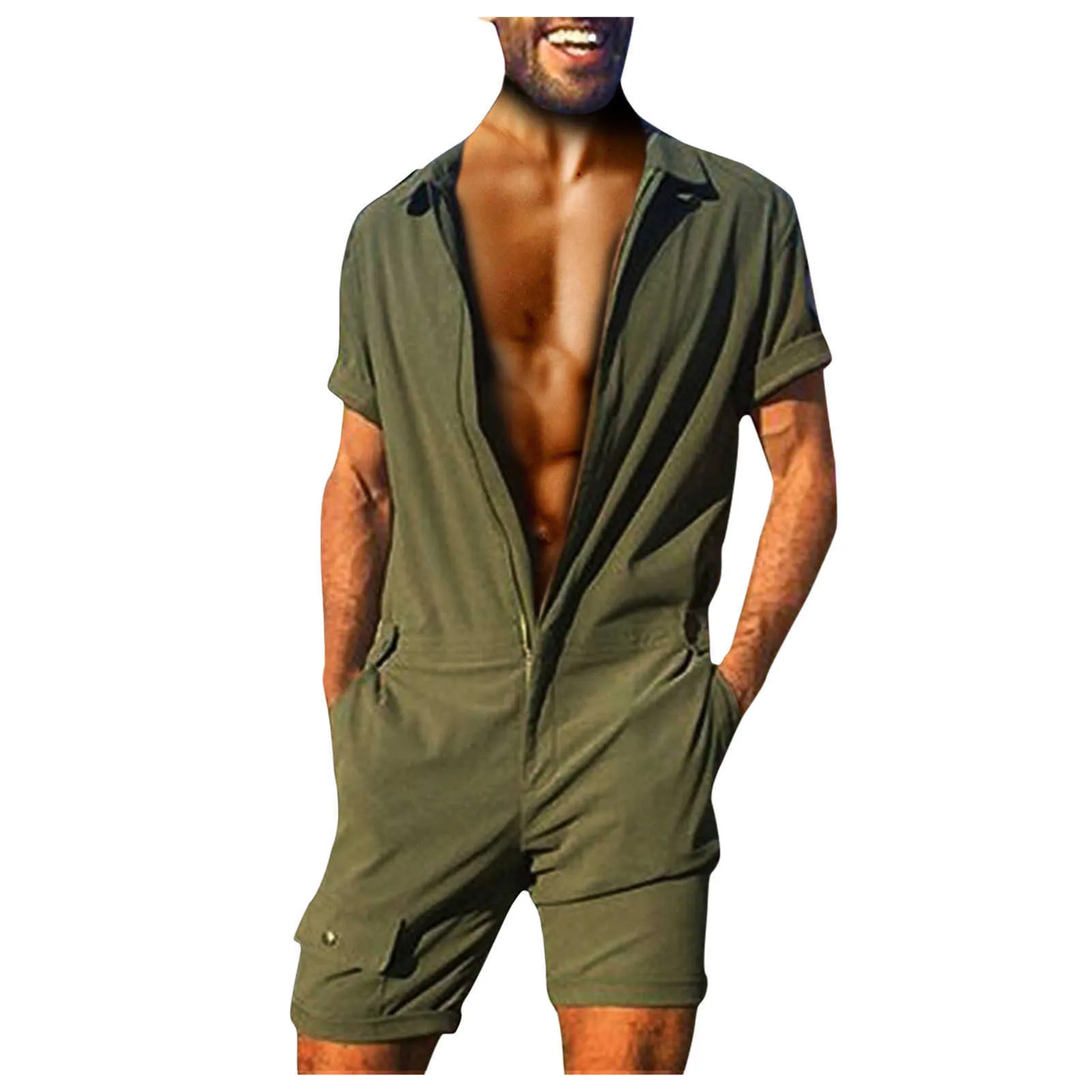 40# Summer Men Fashion Solid Colors Zipper Trun Down Collar Jumpsuit Casual Buttons Short Sleeve High Waist Streetwear Jumpsuit R230808