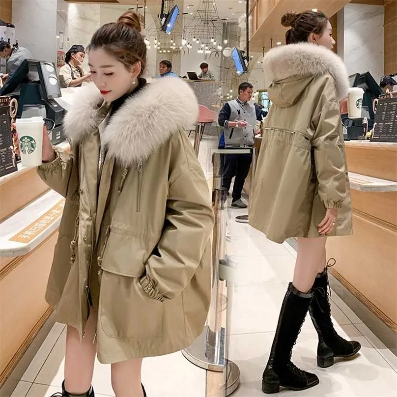 Pai Övervinna Kvinnors Plus Velvet Mid-Length Winter Padded Jacket Koreansk stil tjock kappa 211013