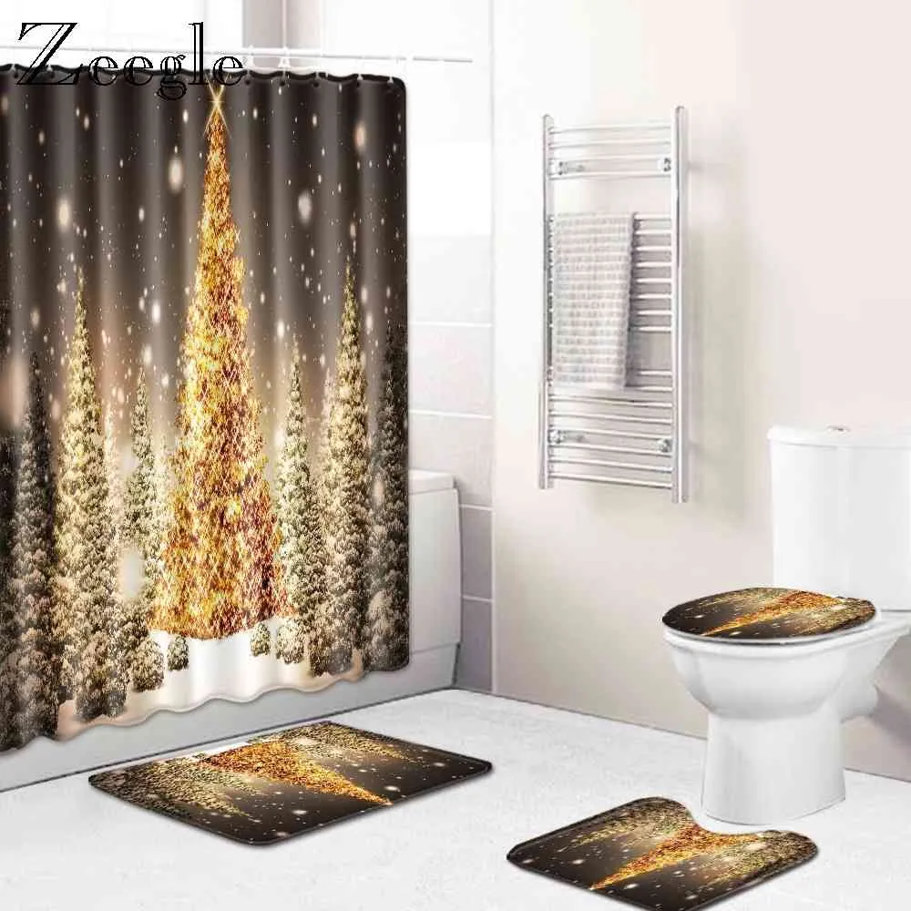 Zeegle Christmas Shower Curtain Anti Slip Toilet Pedestal Rug Flannel Foot Mat Waterproof Bathroom Curtain Washable Toilet Set