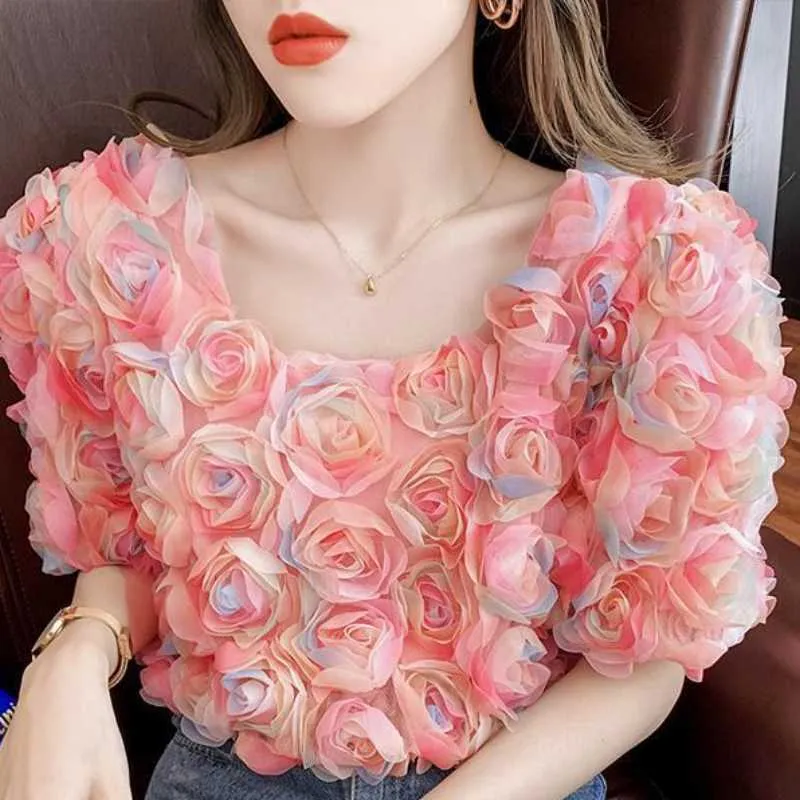 KUSHAIKI 3D Rose Puff Sleeve Blouse For Women Summer Fashion