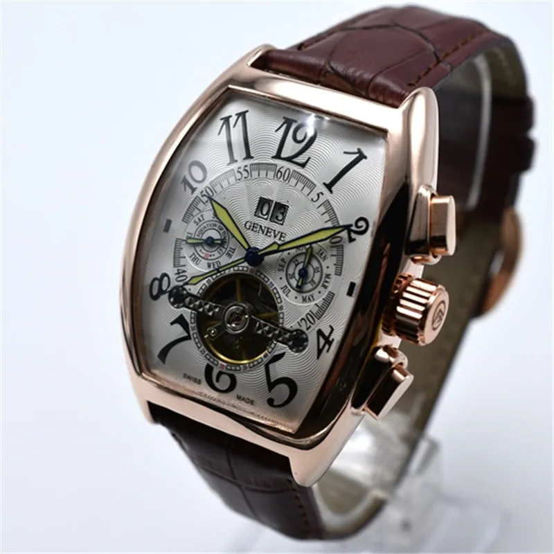 AAA Geneva Luxury Brand Leather Mechanical Automatic Mens Watches Drop Tourbillon Skeleton Gold Men armbandswatch257t