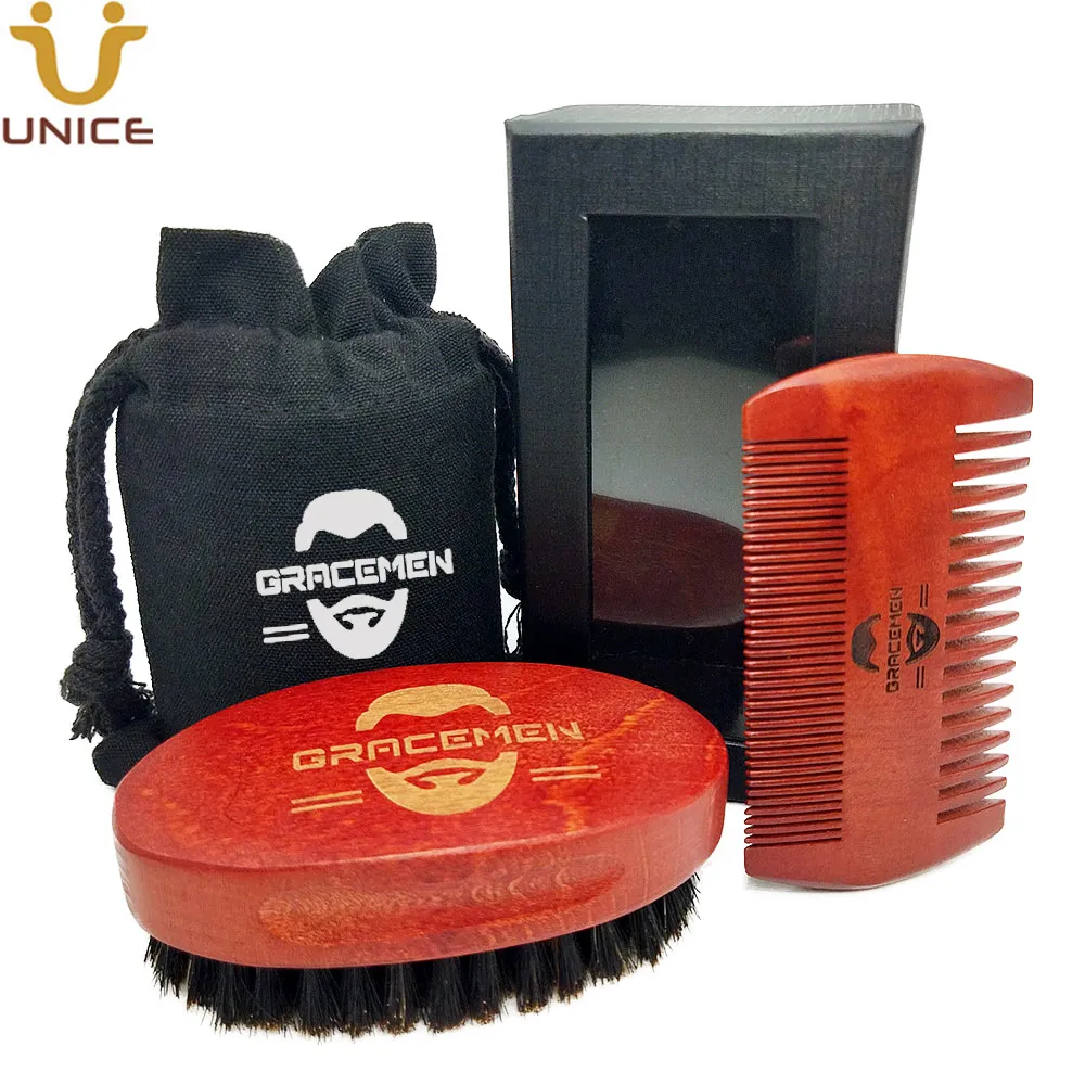 MOQ 100 SETS OEM Niestandardowe logo czerwone drewniane włosy Zestaw do pielęgnacji wąsów z pudełkiem na torbę do szczotki dla mężczyzn i drobne szerokie zęby narzędzia do brody