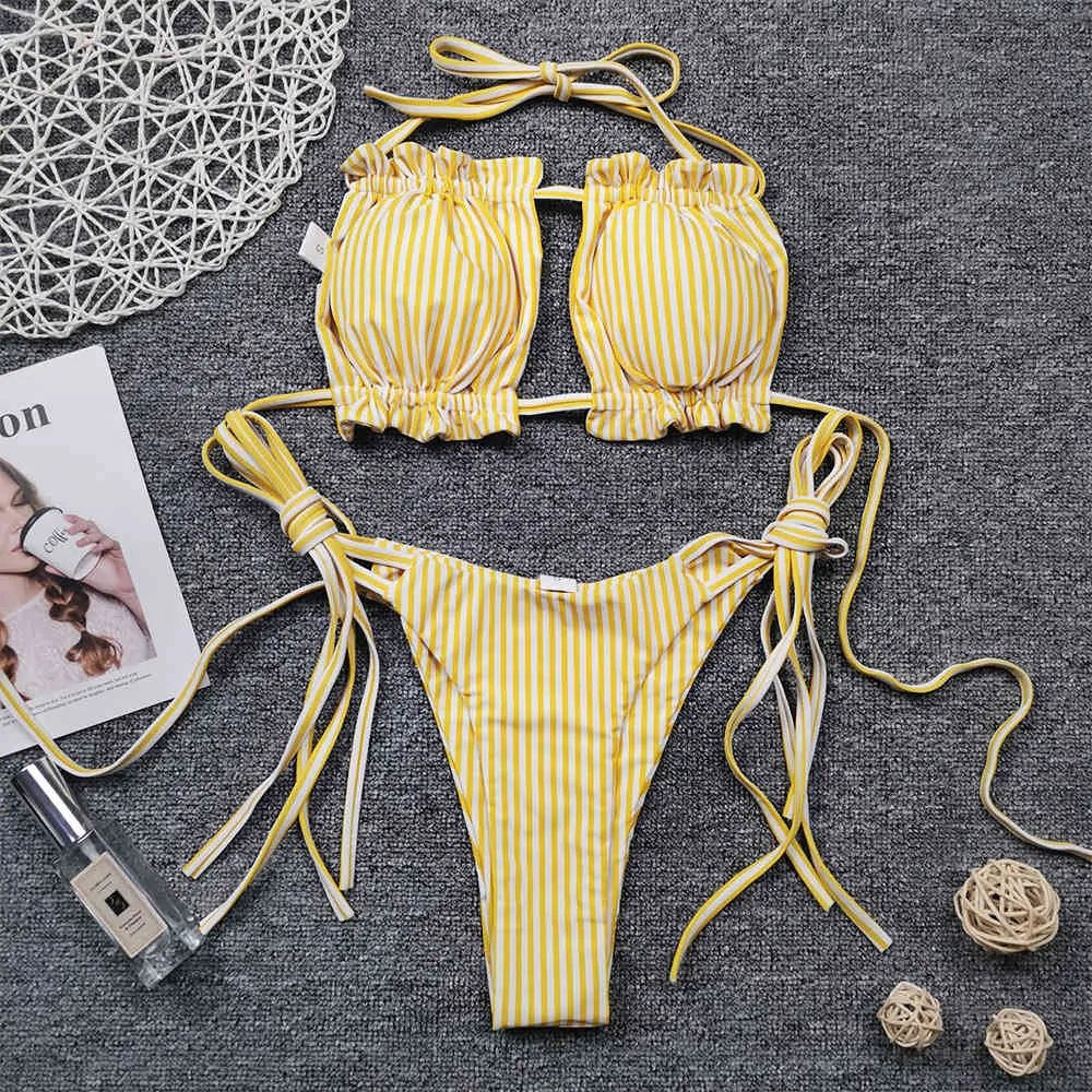 Sexig Thong Striped Bandeau Bikini String Tie Side Ruched Baddräkt Kvinnor Badkläder Swim Beach Wear Baddräkt Två stycken 210520