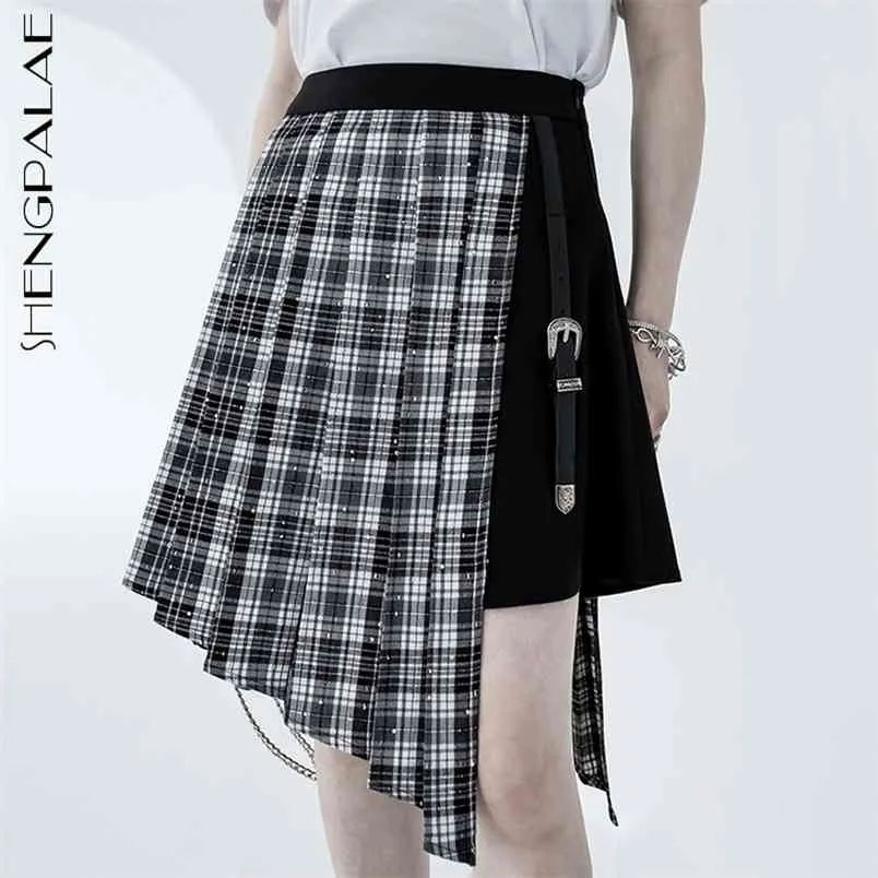 Yamamoto Gespleißt Hohe Taille Rock Frauen Sommer Plaid Unregelmäßigen Streetwear Mini Gürtel Weibliche Flut 210427