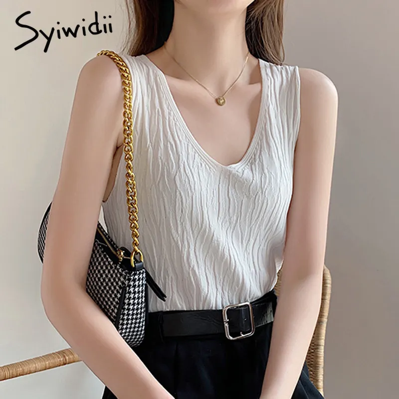 SyiwidiiニットTシャツ女性ノースリーブカジュアルタンクトップスVネックホワイト服サマーオフィスレディ韓国ファッションシャツ210417