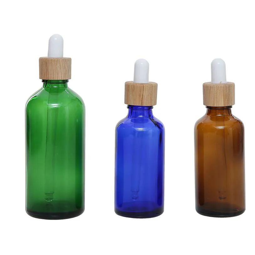 Glass Dropper Bottle 15ml 30ml 50ml with Bamboo Cap 1oz Wooden Clear Amber White Essential Oil Bottles