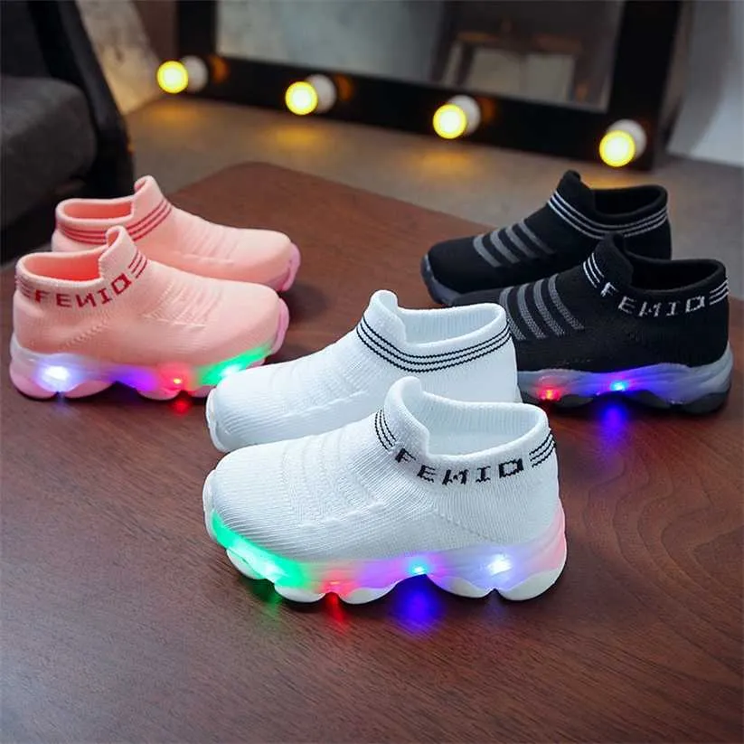 Kids Sneakers Children Baby Girls Boys Letter Mesh Led Luminous Socks Sport Run Shoes Sapato Infantil Light Up 220115