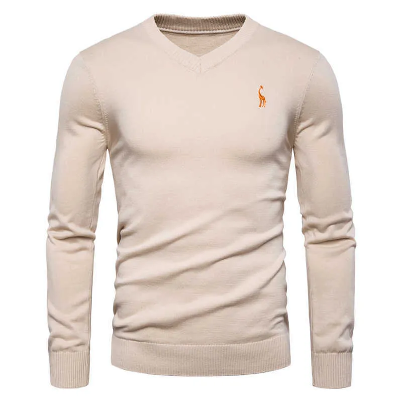 2020 Höst Vinter Märke Kvalitet 100% Bomull Mäns Tröjor V Neck Pullovers Män Solid Broderi Sweater Men Y0907