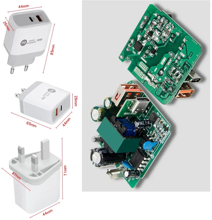 18W PD + QC3.0 Typ C laddare Fast Wall Chargers EU UK US Plug för iPhone Xiaomi Samsung grossistpris