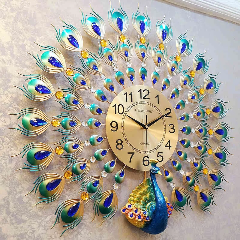 3D Peacock Europe Decor horloge Home Woonkamer / Slaapkamer Mute Clock Modern Design Metal Digital Wall Clocks 210414