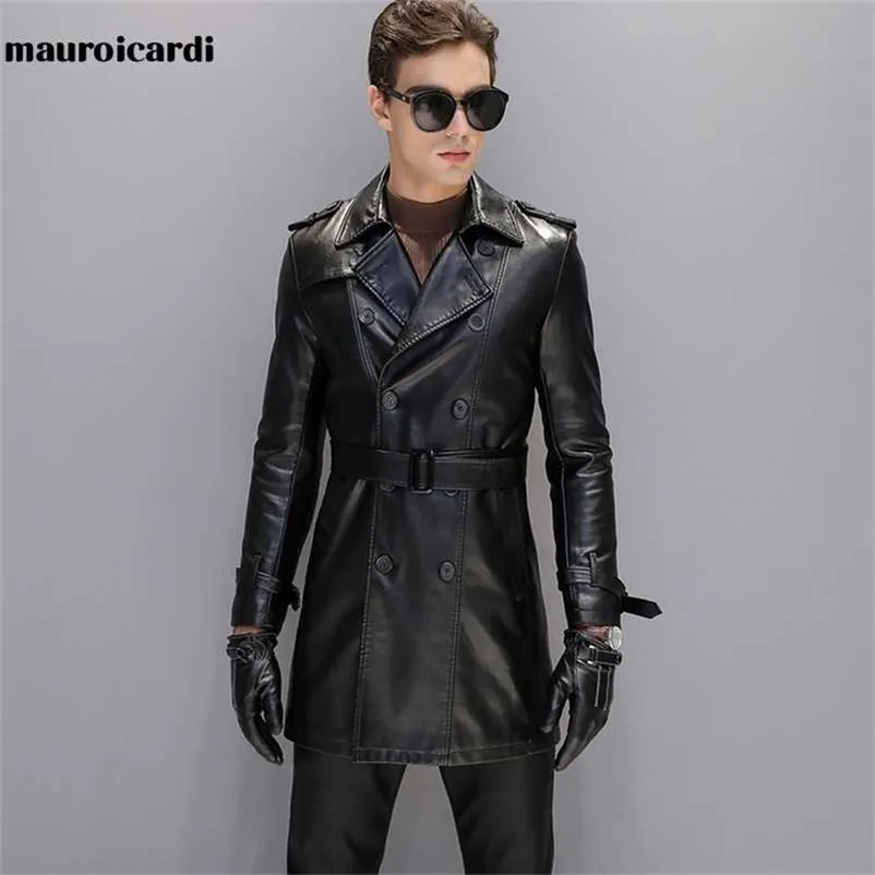 Mauroicardi秋ブラックフェイクレザートレンチコートメンズ長袖ベルトダブルブレストブラウンプラスサイズ男性服4xl 5xl 211110