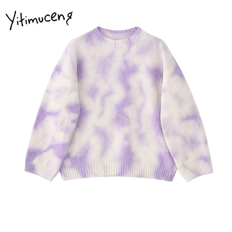 Yitimuceng Print Sweaters Fall Women Clothing Purple O-Neck Batwing Sleeve Pullovers Knit Korean Top Japanese Fashion 210601