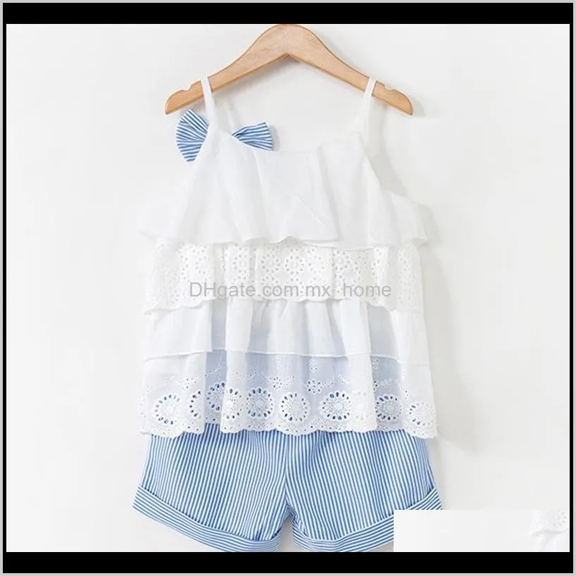 summer solid color girls hollow camisole top + striped shorts children`s clothing 2-piece set