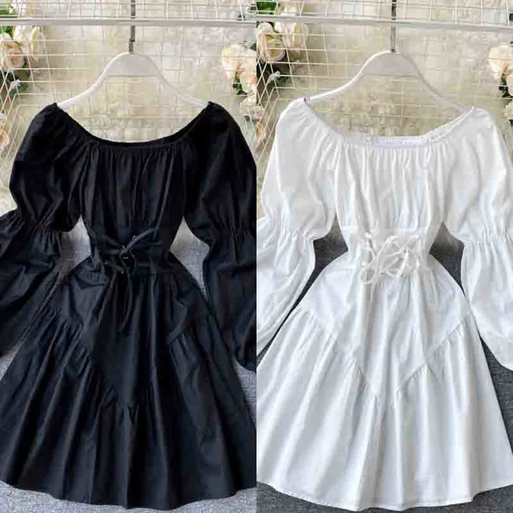 YuooMuoo début automne robe 2020 rétro gothique femmes blanc noir pansement Mini robe Sexy épaules nues manches bouffantes coréen Vestidos X0629