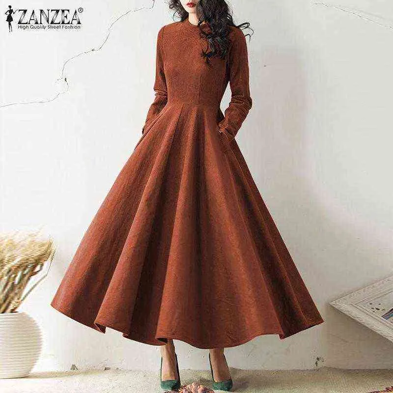 ZANZEA Vintage Corduroy Maxi Dress Women's French Elegant Long Vestidos Fashion Party Solid Kaftan Autumn Holiday Swing Dresses Y1204