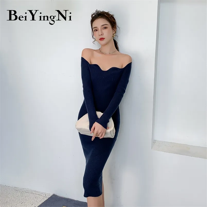 Women Bodycon Dress Sexy Club Elegant Party Skinny Casual Knitted Female Slash Neck Basic Long Sleeve Vestidos 210506