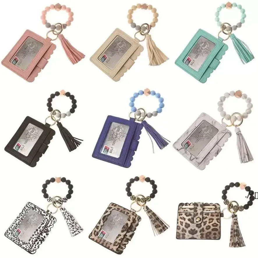 Leather Bracelet Wallet Keychain Party Favor Tassels Bangle Key Ring Holder Card Bag Silicone Beaded Wristlet Keychains WHT0228