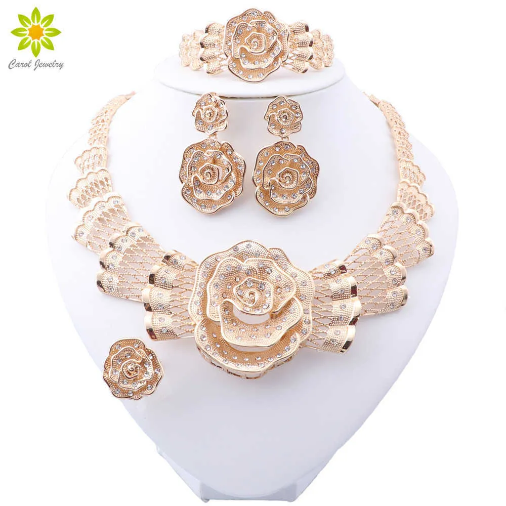 Mode afrikanska pärlor smycken set nigeria kvinnor blomma formade halsband örhängen smycken sätter Dubai guld färg smycken set h1022