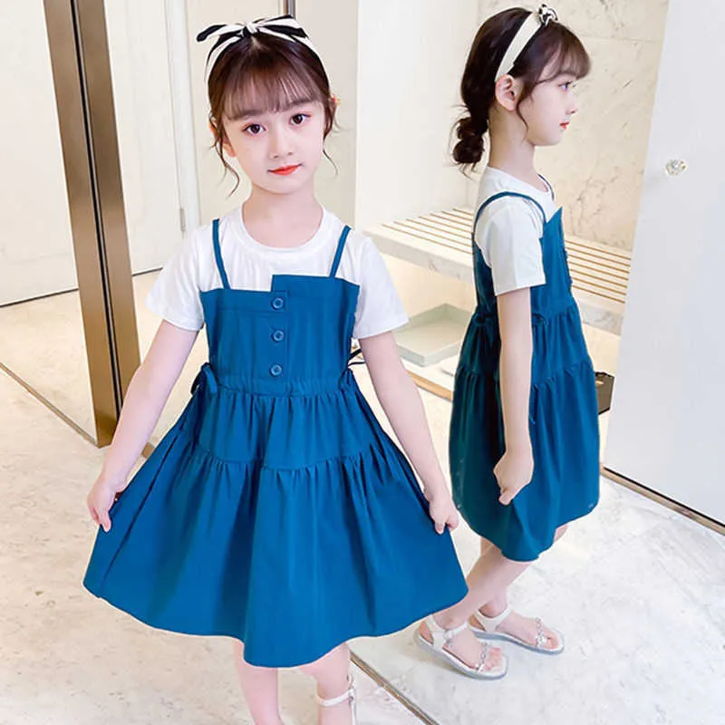 Summer Girls' Dress European American Style Short Sleeve T-Shirt +Sling Fashion Princess Dress Big Children'S Clothing For Teens Q0716