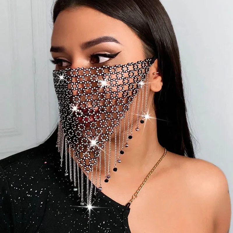 2021 Mode Crystal Maskerade Dames Party Sieraden Visnet Metalen Rhinestone Tassle Shining Gezichtsmasker