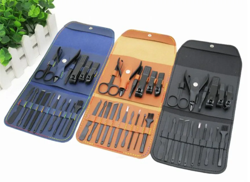 16 pçs conjunto de cortador de unhas conjunto de manicure kit de cortador de unha preto afiado pedicure de aço inoxidável com capa de couro pu para unha xb1