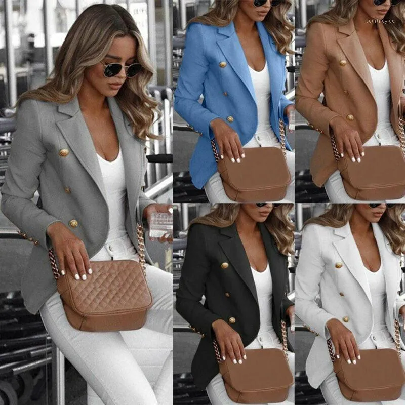 Women Jacket Slim Casual Work Coat Long Sleeve Outwear Womens Suit Ladies Top With Button Gray Black White Light Blue