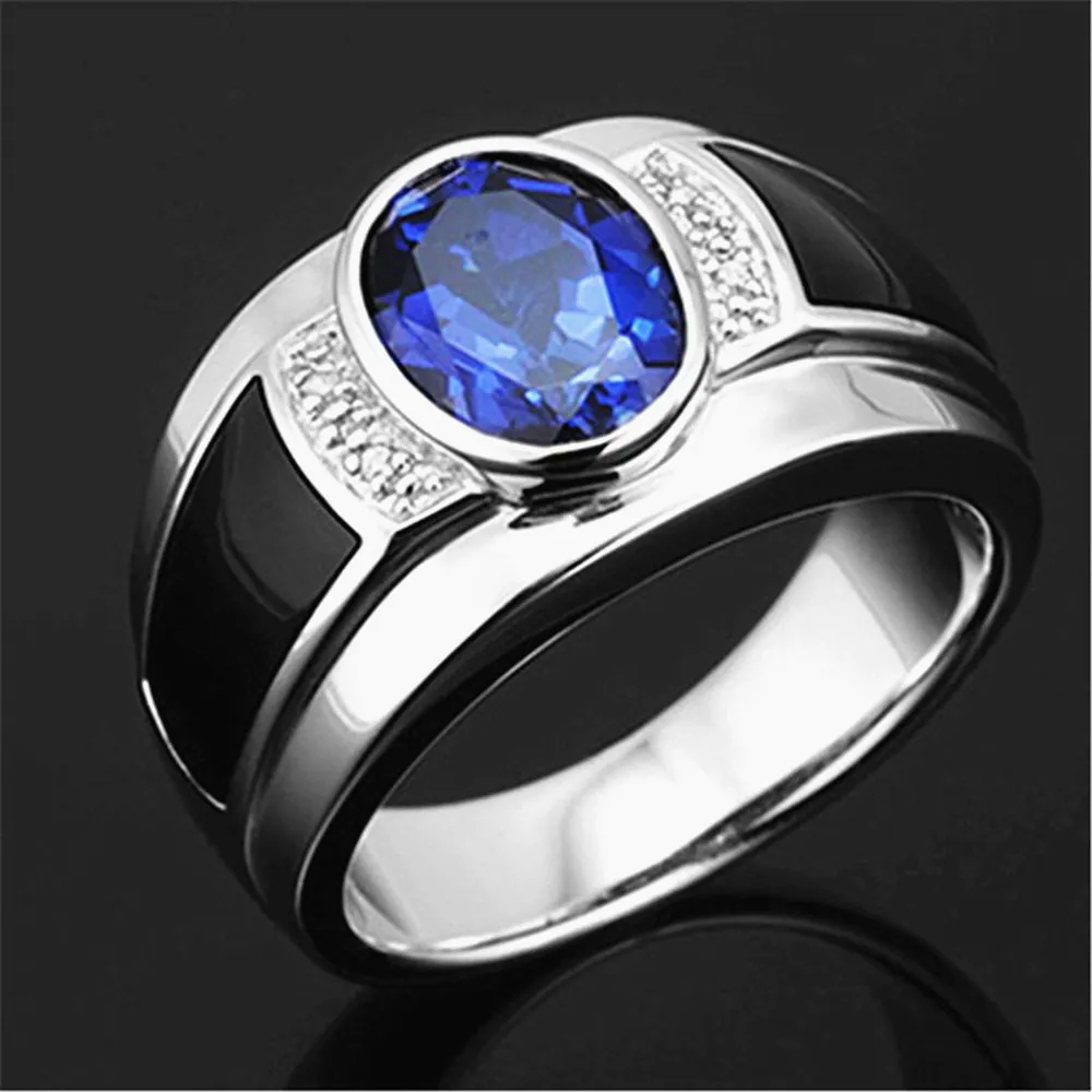 Fashion sapphire gemstones blue crystal black agate zircon diamonds rings for men white gold silver color jewelry party bague