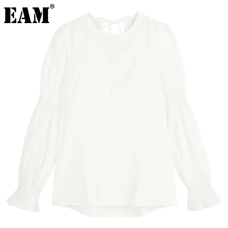 [EAM] Women White Bandage Hollow Out Backless Ruffles T-shirt Round Neck Long Sleeve Fashion Spring Autumn 1DD5836 210512