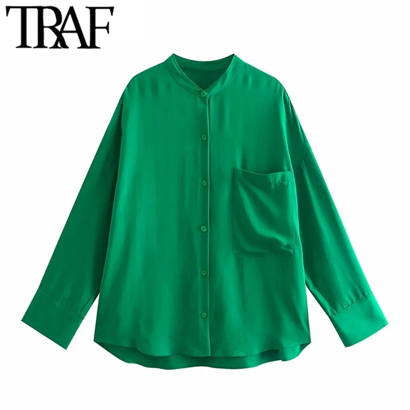 Women Fashion With Pockets Loose Fitting Asymmetry Blouses Vintage Long Sleeve Button-up Female Shirts Chic Tops 210507