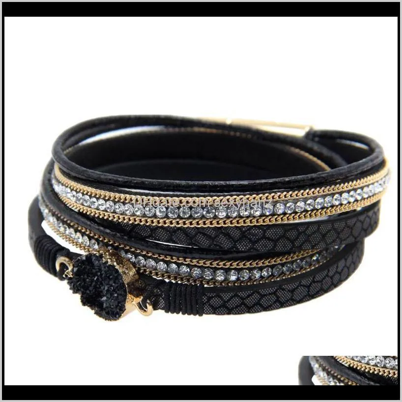 retro women multi layer rhinestone round charm faux leather rope bracelet bangle fashion