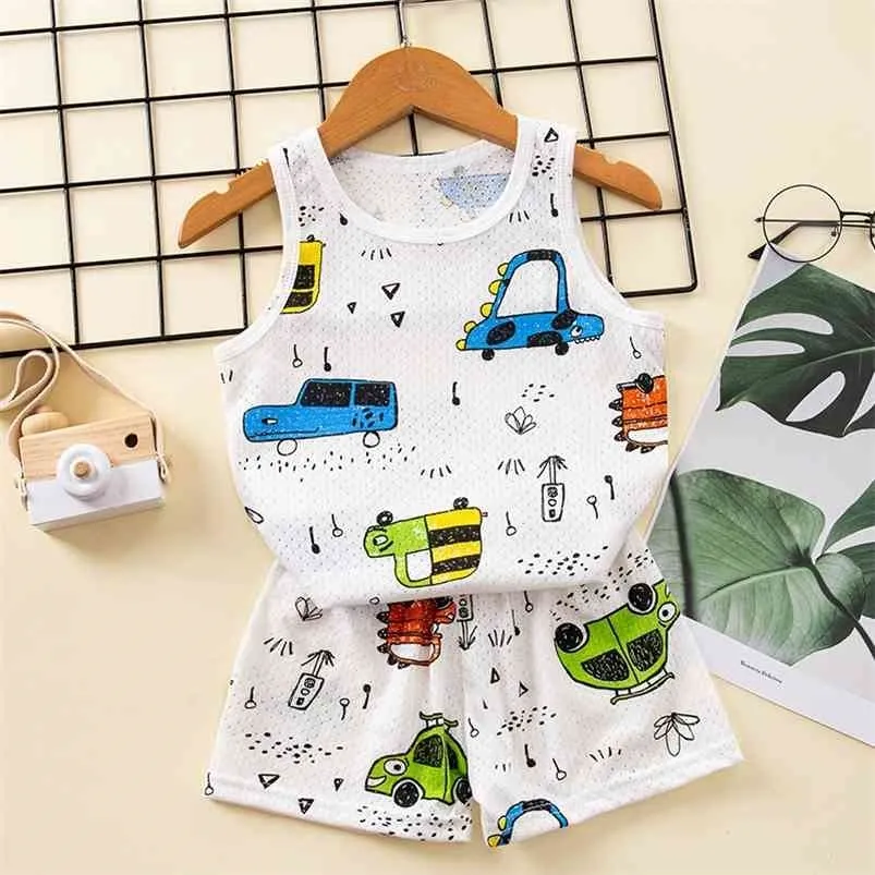 Ärmlös Pyjamas Kids Boys Kläder Barnkläder Satser Sommar Bomull Pyjamas För Girls Toddler Vest + Shorts 2pcs Homewear 210915