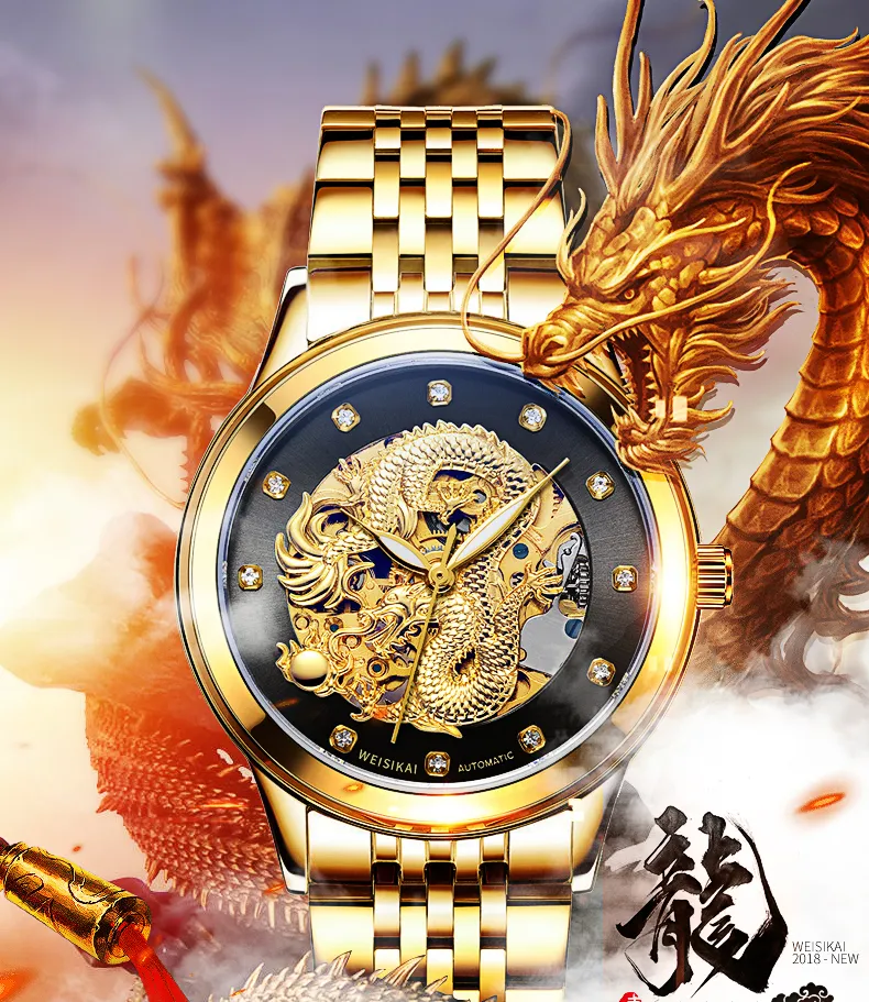 Luxury Gold Dragon Automatic Mechanical Gold Watches For Men For
