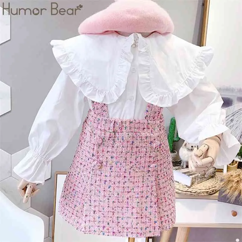 秋の女の子のスーツビッグカラー人形長袖シャツ+ベストスカート2ピース韓国風子供服セット210611