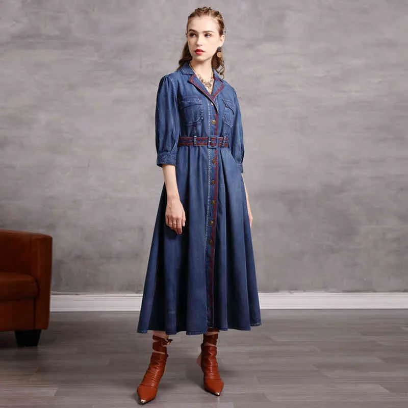 Johnature Kobiety Haft Kwiatowy Bandaż Suknie Przycisk Wysoka Talia Jesień Denim Kieszenie Kobiet Vintage Dresses 210521