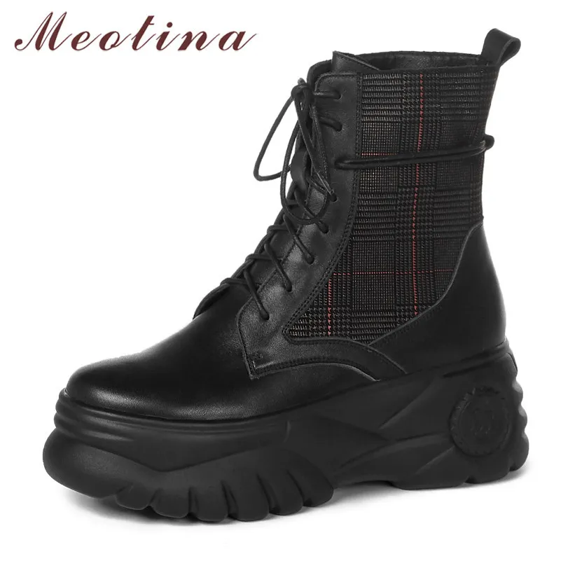 Ankle Boots Women Shoes Genuine Leather Platform Flats Motorcycle Round Toe Lace Up Lady Short Autumn Winter 210517