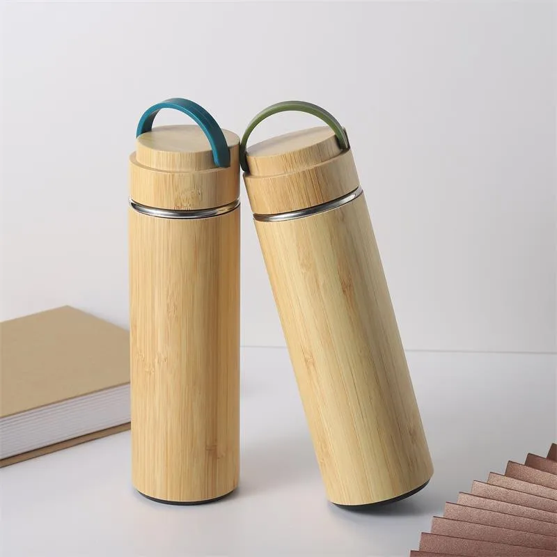 Bamboo Vacuum Insulated Water Bottles 450ml/ 500ml Stainless Steel Thermos with Tea Strainer for Office