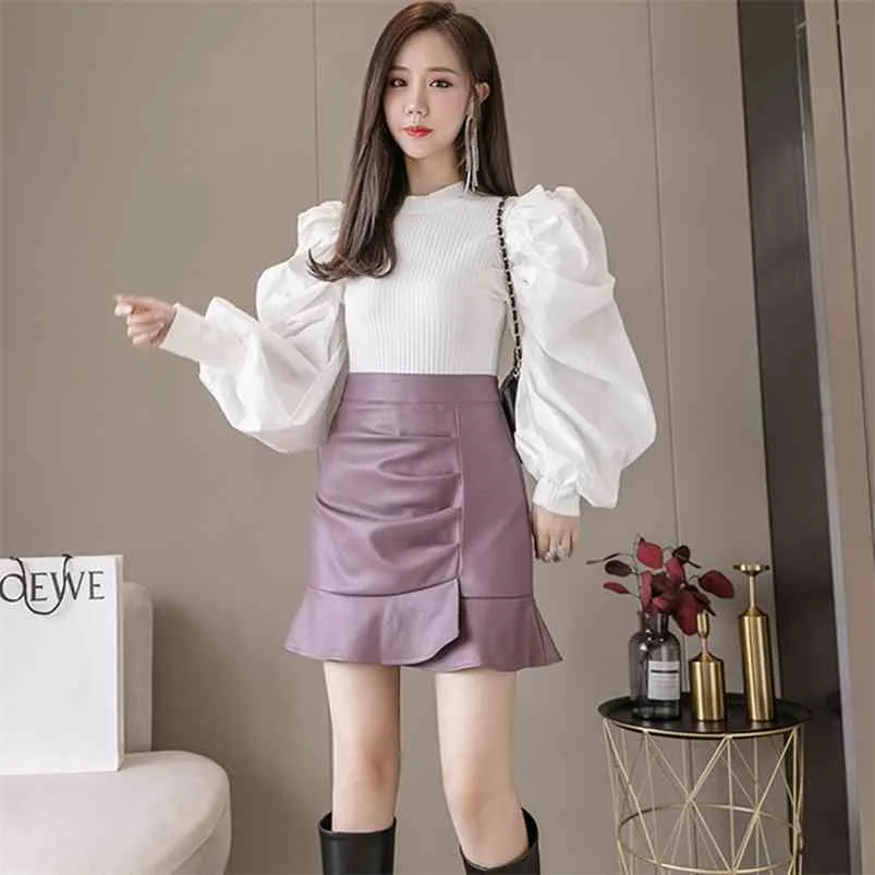 Jupes d'automne d'hiver pour femmes Style coréen La taille haute en cuir irrégulier Couleur unie GX634 210507