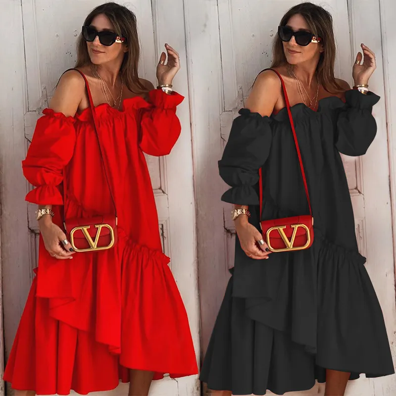 Summer Dress Women Red Sundress Causal Dresses New Arrivals Off The Shoulder Boho Beach Long Evening Party Dress 210422