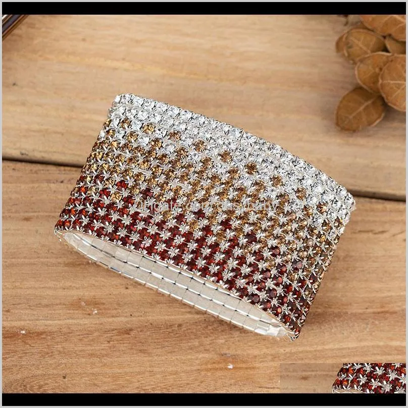 12 rows clear and brown crystal rhinestone bangle bracelet silver plated wedding bridal wide crystal stretch bracelet for woman