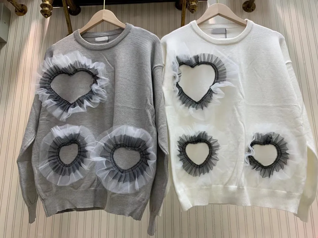 Autumn european Design women's o-neck long sleeve gauze patchwork love heart embroidery knitted loose sweater pullover jumpers