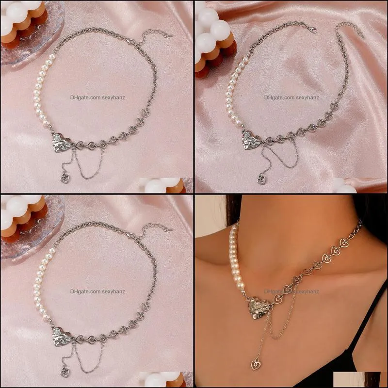 S2646 Fashion Jewelry Metal Splicing Faux Pearls Love Clavicle Chain Necklace Irregular Hollow Heart Dangle Tassel Choker Necklaces