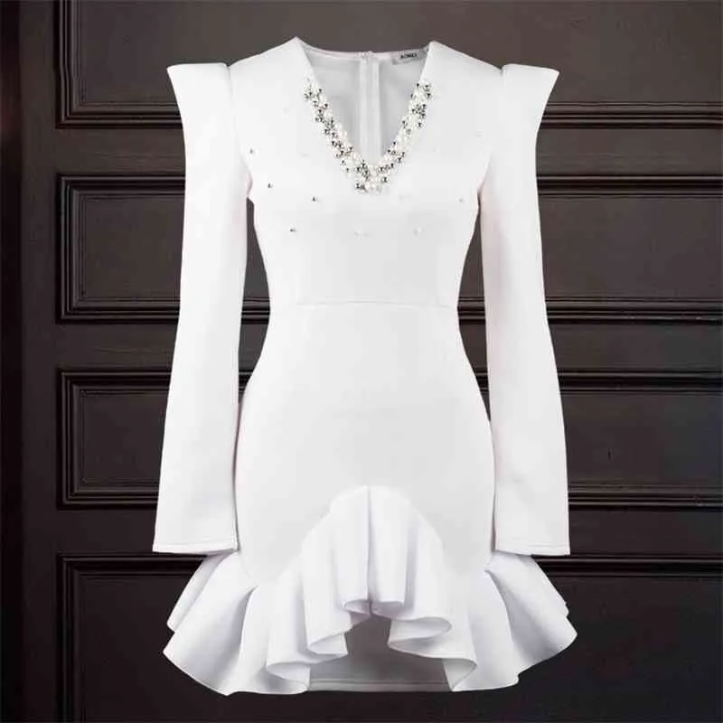 White Banquet Beaded Dress Women Bodycon V Neck Long Sleeve Mini Belt Slim Party Dresses Wedding Birthday Date Out Christmas 210527