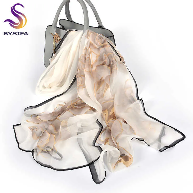 [BYSIFA] Sciarpe di seta in chiffon bianco primavera femminile Nuovo disegno floreale Sciarpa lunga 100% seta scialle autunno inverno donna collo sciarpa Q0828