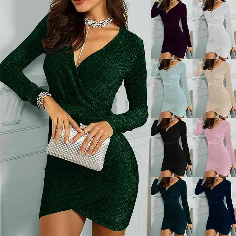 Sexy Silver Glitter Dres Fashion Pure Color V-neck Sequins Long Sleeve Party Mini Short Elegant Vestido 210623