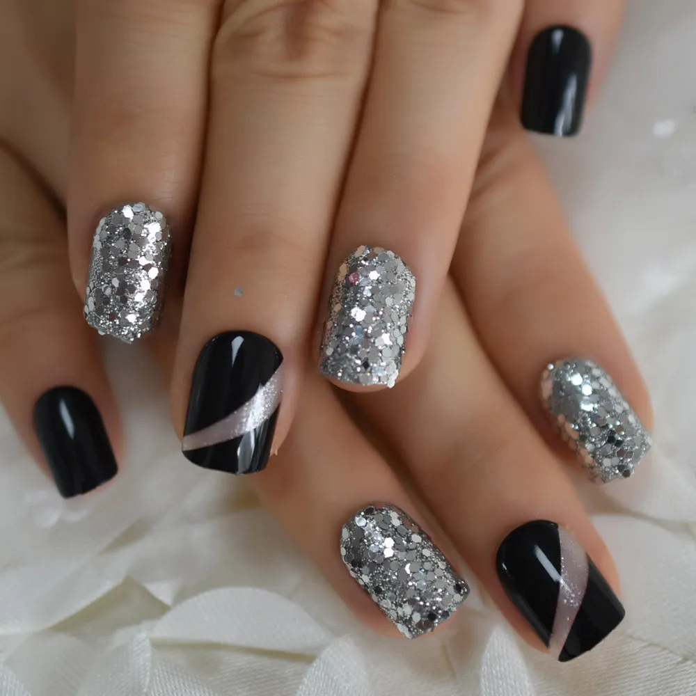 black and silver acrylic nail designs