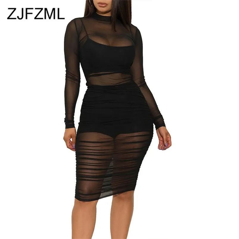 Sexy Transparent 3 Piece Set Kobiety Turtleneck Z Długim Rękawem Ruched Sukienka Mesh + Raped Crop Top + Bodycon Shorts Club Stroje Klubowe 210730